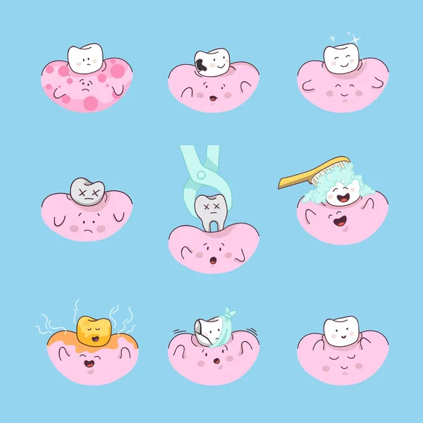 Denti felici con le gengive impostate. Carini i personaggi dei denti. Illustrazione vettoriale del personaggio dentale. Igiene orale, pulizia dei denti . — Vettoriale Stock