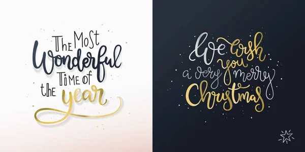 Uppsättning av två julkort med freehand hälsningar. Merry Christmas citat önskan kvadratiska kortdesign. — Stock vektor