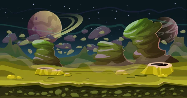 ファンタジー空間のシームレスなゲーム風景です。科学フィクションのテーマのイラスト。視差のレイヤーで、緑の惑星風景の背景. — ストックベクタ