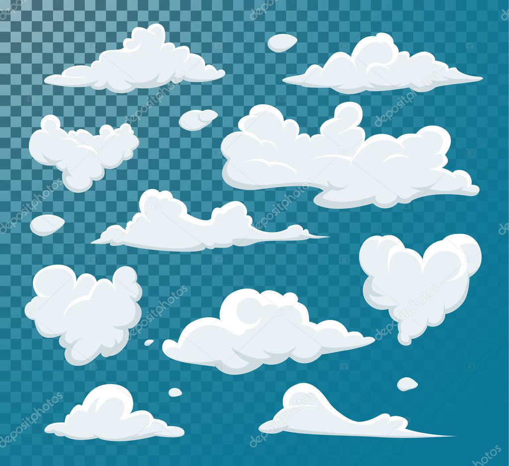 Set of transparent different clouds. Vector illustration white clouds on a blue background.