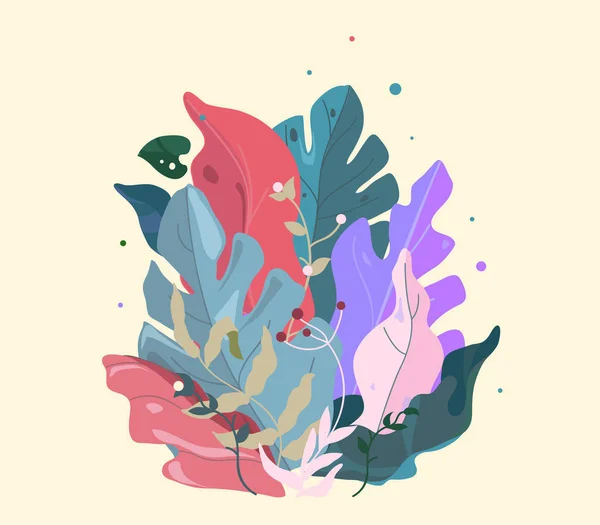 Carte cadeau botanique. Bouquet fantastique aux feuilles et plantes exotiques. Fleurs colorées dans le style de dessin animé . — Image vectorielle