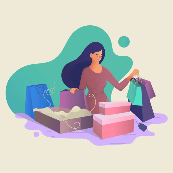 Fata după cumpărături cu achiziții. Cumpărături online pentru femei. Vânzare sezonieră la magazin, magazin, mall . — Vector de stoc