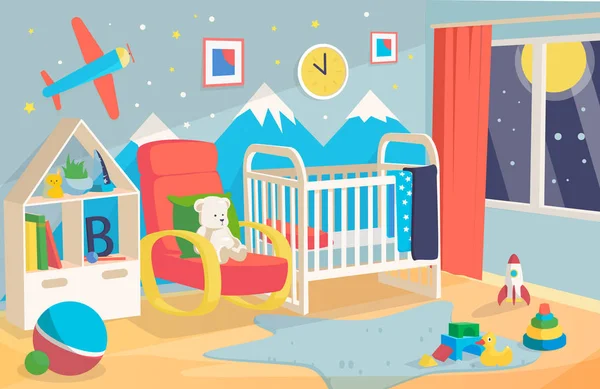 Interior do quarto das crianças, com berço, cadeira para mãe. Criança menino quarto interior vetor ilustração —  Vetores de Stock