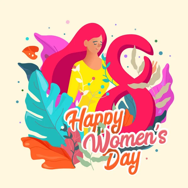 8 3 월입니다. 국제 여성의 날입니다. 행복 한 여자의 하루 엽서입니다. 3 월 8 일 꽃, 이국적인 장식으로 플라이어 나뭇잎. — 스톡 벡터