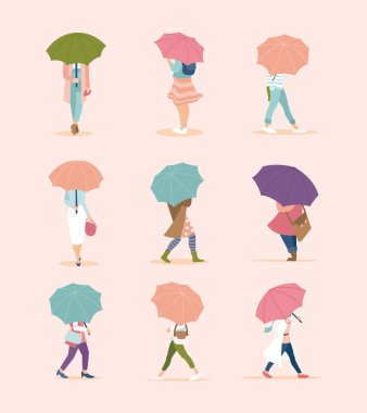 İnsanlar şemsiyesi altında sonbahar yağmurlu günde. Modern minimalist tarzı üzerinde yağmur altında küçük insan kalabalığı. Pastel renkler. Bahar poster yağmur altında çalışan şemsiye altında kızlarla.