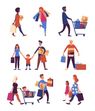 Alımları ile alışveriş çantaları taşırken insanlar kümesi. Kadın gülümsüyor ve adam aile Hediyelik kutu, kağıt poşet karakterlerle. 