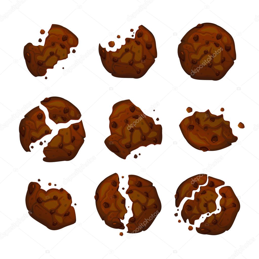 Vector chocolate chip cookies. Homemade chocolate cookies vector illustration. Set of bitten and broken cookies. Isolated biscuits.