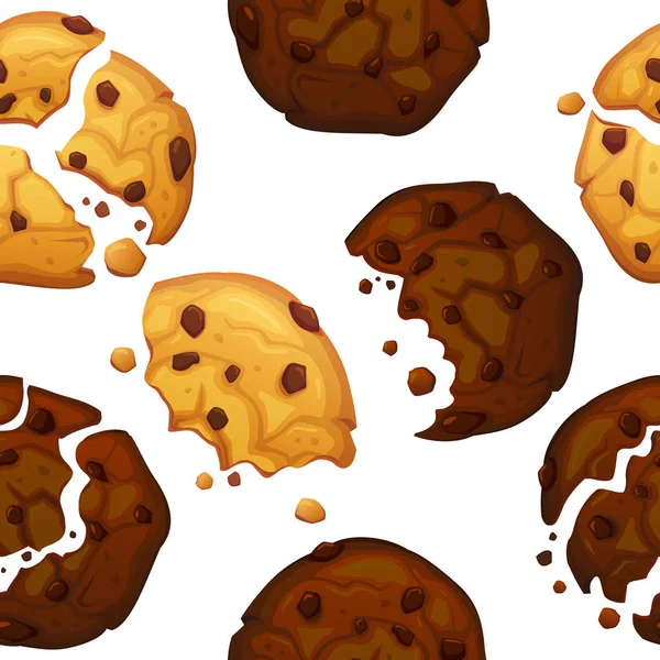 矢量巧克力片曲奇饼图案。燕麦片饼干与巧克力屑无缝模式. — 图库矢量图片