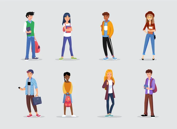 Schoolkinderen personages in verschillende poses. Studenten illustratie in cartoon stijl. Set tieners. — Stockvector