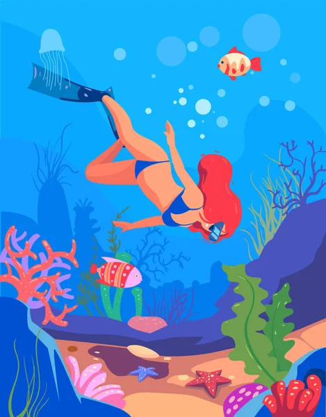Diver. Underwater world. Girl dive — Stock Vector