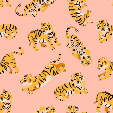 Trendy karikatür çocuk stilikaplanlar ile Vektör sorunsuz desen. Pembe renk. 