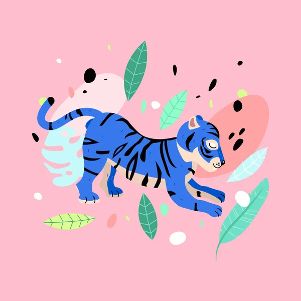 Veselý tygr v neonové barvy ilustrace. Legrační neonový modrý tygr s tropickými listy. — Stockový vektor