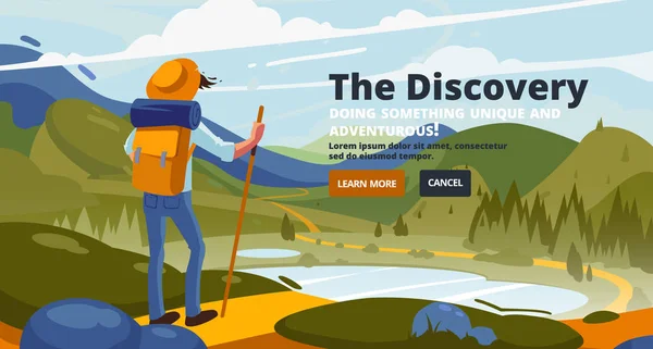 Discovery banner. De wereld rond. Concept van ontdekking, verkenning, wandelen, avontuurlijk toerisme. — Stockvector