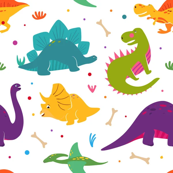 Cute dinosaurs hand drawn color vector seamless pattern. — Stock Vector