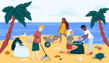 Trendy düz tarzı çizim plaj veya kıyı temizliği. Bir grup genç, sahili plastik çöpten temizliyor. 