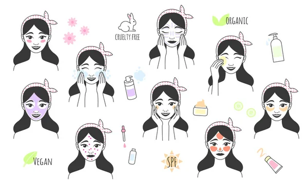 Hand drawn girl takes care of her face. Skin care procedures. — Stock Vector