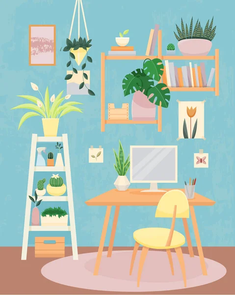 Concept Home Office avec plantes, illustration numérique vectorielle. Espace travailleur à domicile . — Image vectorielle