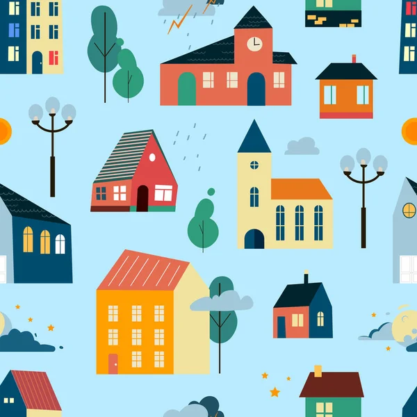 Patten vectoriel avec de petites maisons minuscules, arbres et nuages . — Image vectorielle