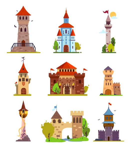 Vector de dibujos animados conjunto de castillo de cuento de hadas, torres medievales . — Archivo Imágenes Vectoriales