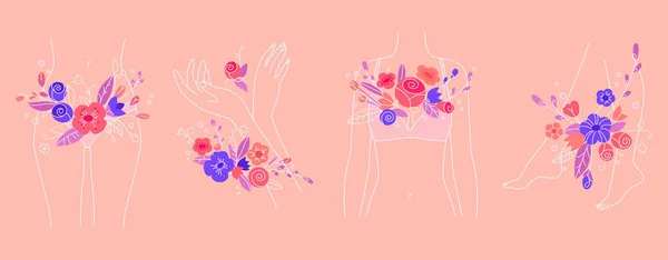 Kvinnlig hälsa tema. Kvinna kropp i blommor koncept. Kvinnors period illustration. — Stock vektor