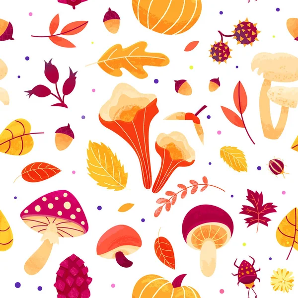 Autumn pattern with leaves, mushrooms, twigs, beetles and seeds. — Stock Vector