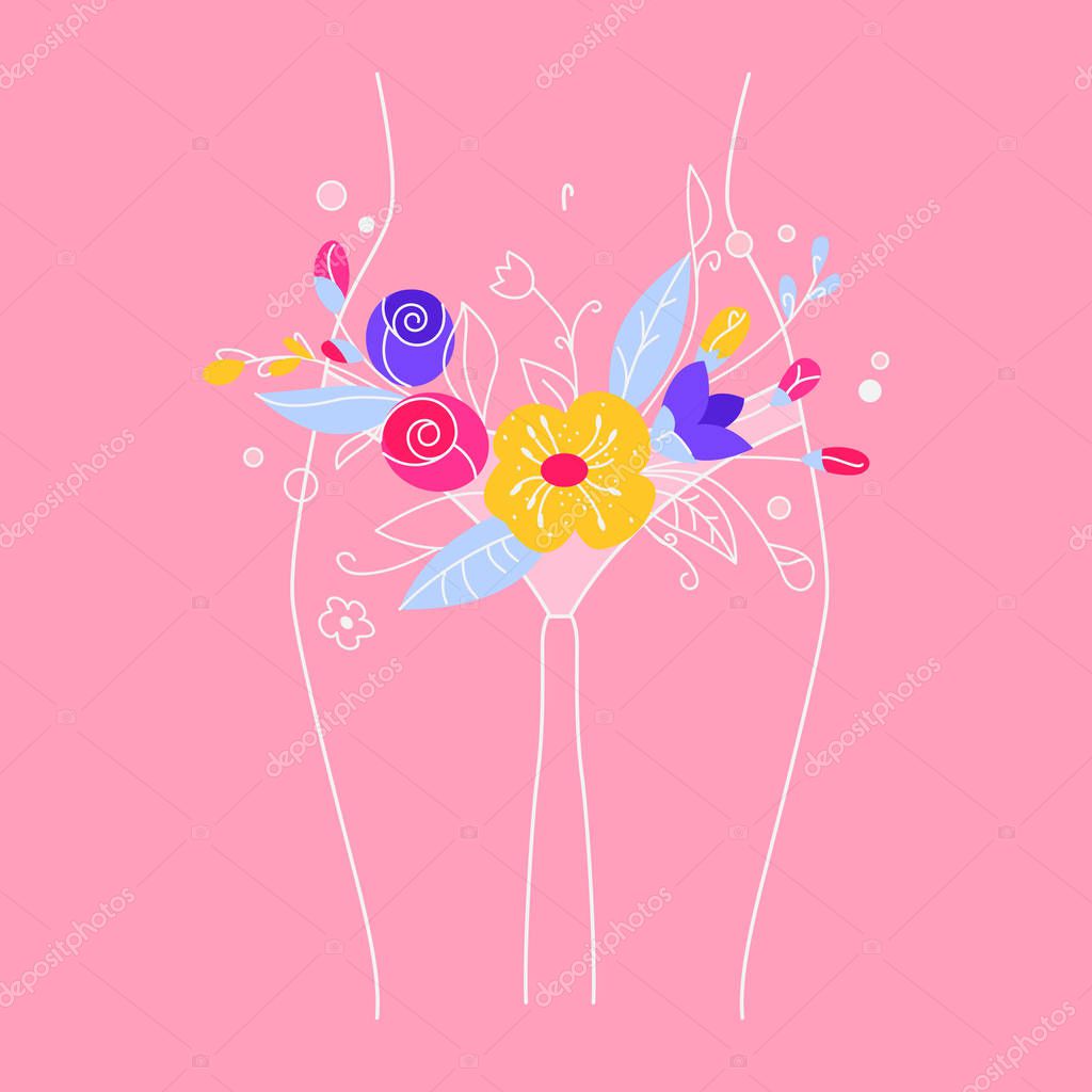 Illustration of  female body with flowers and leaves. The period of menstruation. Stylized illustration about body care, weight loss and treatment.
