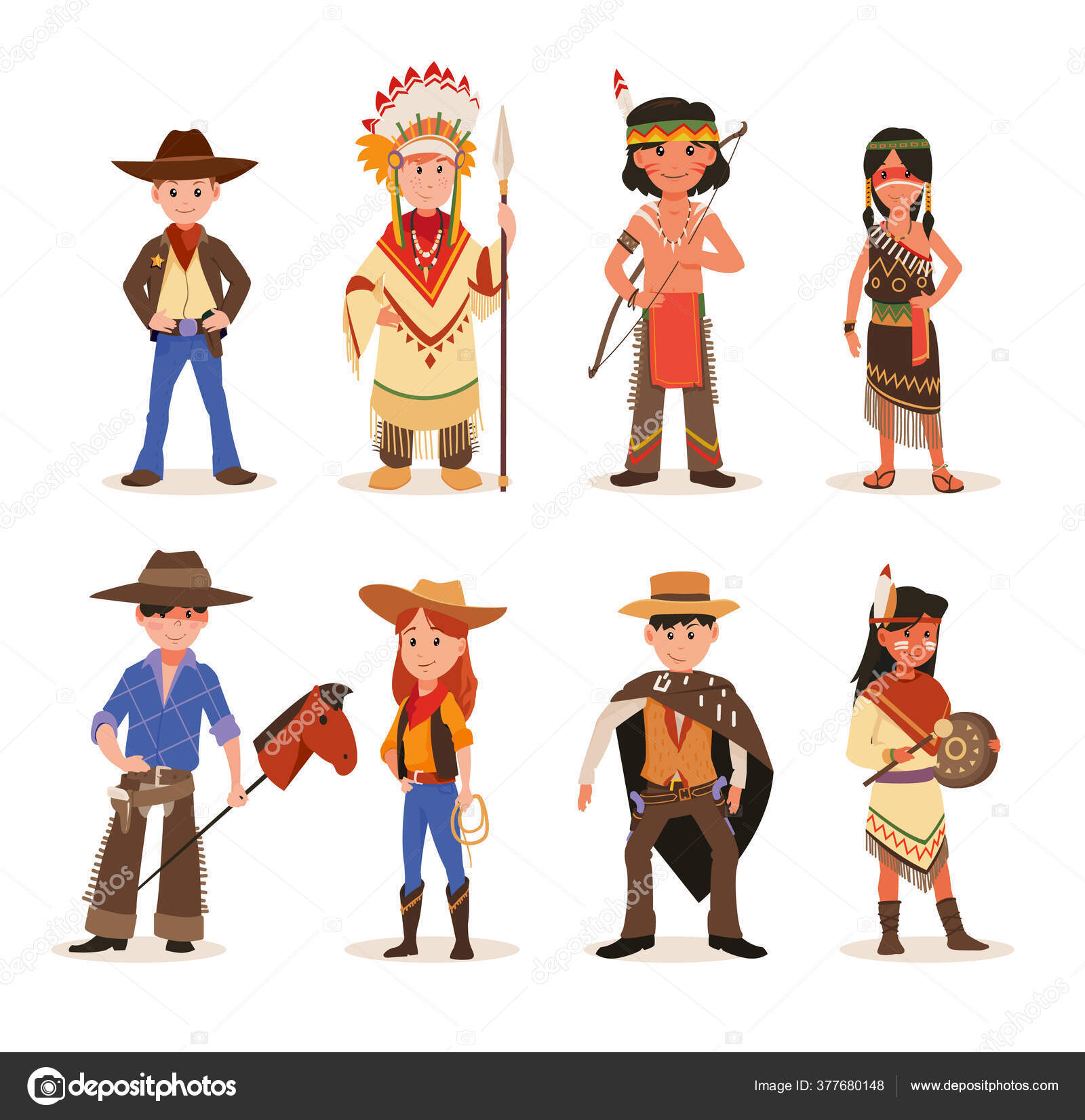 인도 원주민 과 서부 카우보이 의상을 입은 귀여운 어린이들. 아메리칸 인디언 과 카우보이 캐릭터에서 노는 어린이들. 스톡 벡터 -  ©Vivali 377680148, image size:1600x1652