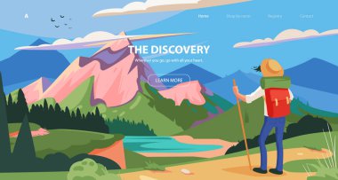 Turizm afişi için vektör illüstrasyon, kaydırma tasarımı. Web sitesi pankartı Discovery temasıName.