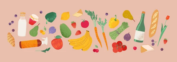 Compras de comestibles, alimentos naturales, frutas y verduras orgánicas de la tienda local, mercado, granja. Banner de ilustración de artículos de tienda departamental . — Archivo Imágenes Vectoriales