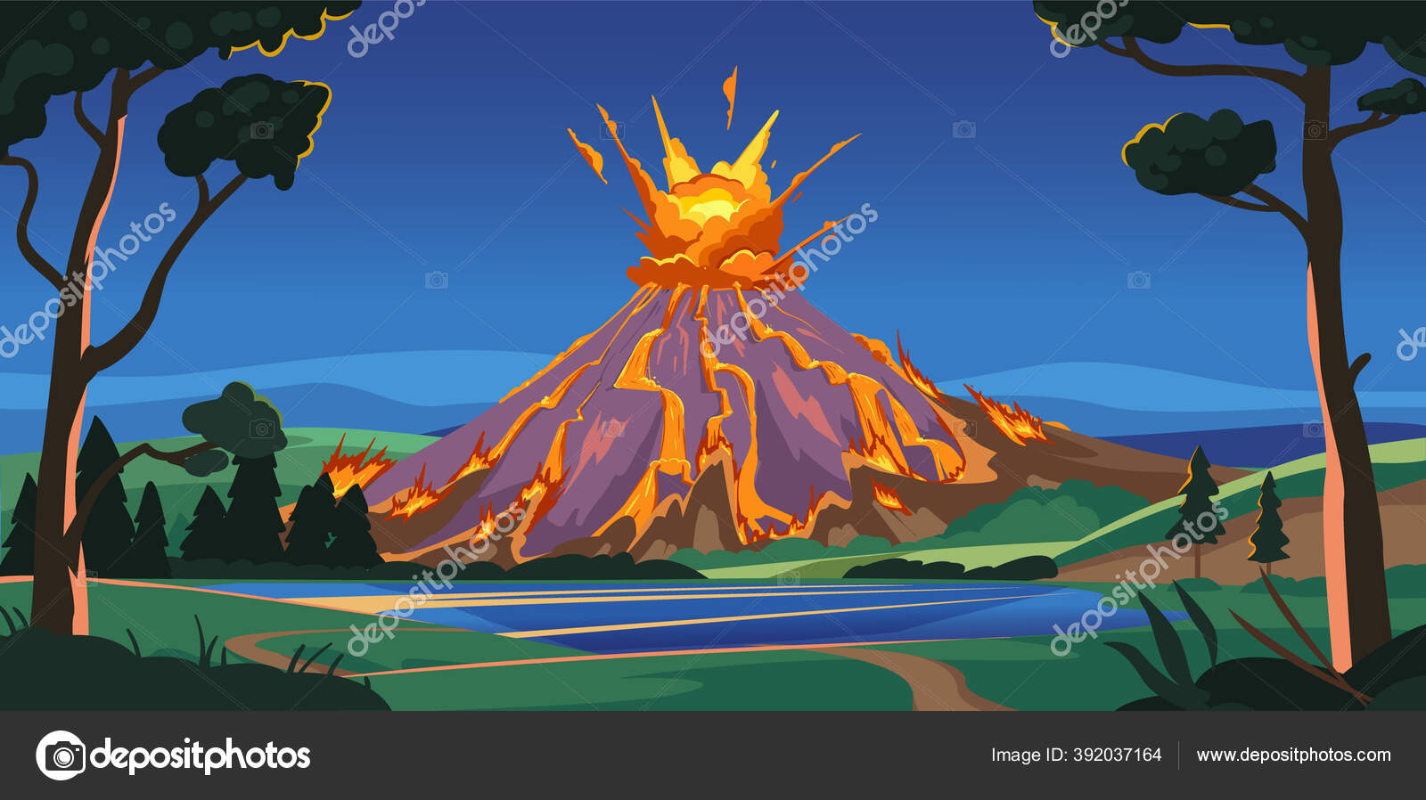 Active volcano illustration. Volcano activity with magma, smoke and eruption,  lava. Nature disaster. Stock Vector Image by ©Vivali #392037164