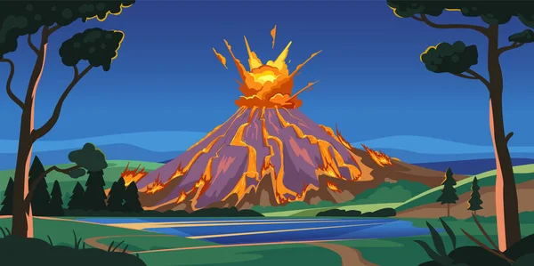 Illustrazione vulcano attivo. Attività vulcanica con magma, fumo ed eruzione, lava. Disastri naturali. — Vettoriale Stock