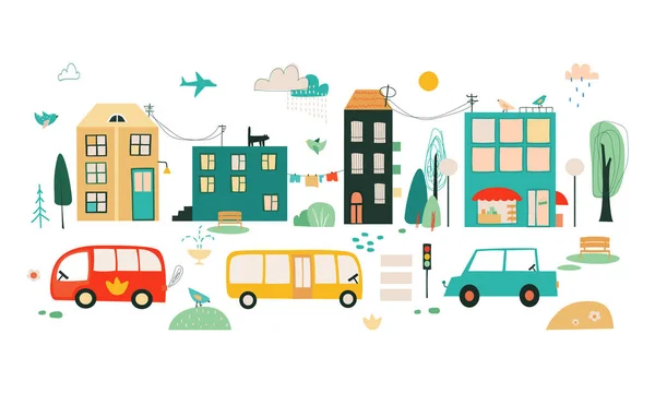 Cartoon stad illustratie. Landschapskaart met schattige huizen, auto 's, bomen, weersymbolen wolken, zon, regenboog in kinderstijl. — Stockvector