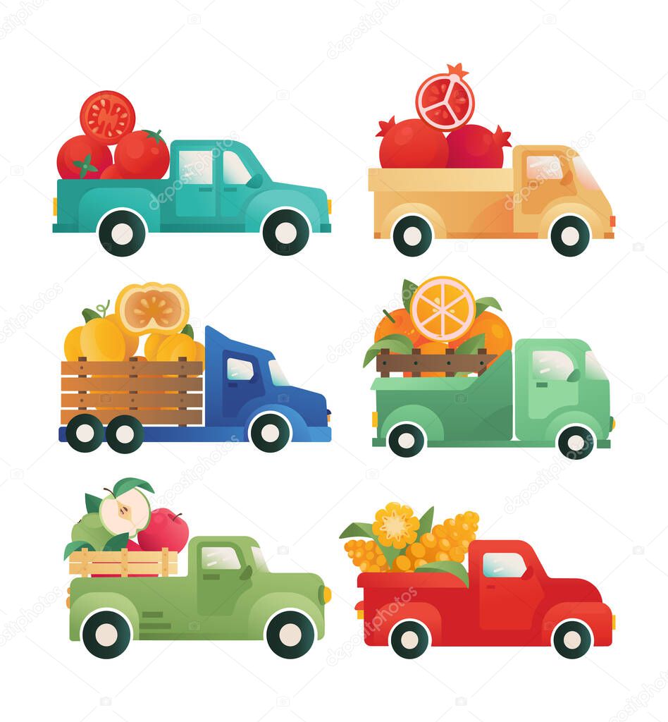 Delivery of vegetables, fruits. Cars with an open trunk. Vector vintage vans, pick-up, trucks. Concept for advertising, logo, packaging. Fresh food supplier