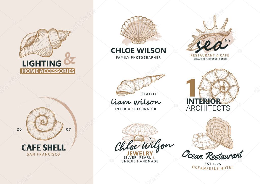 Natural logos. Set of hand drawn nature labels and badges. Marine symbol, seashells, oysters - graphic element. Seafood restaurant logo design.