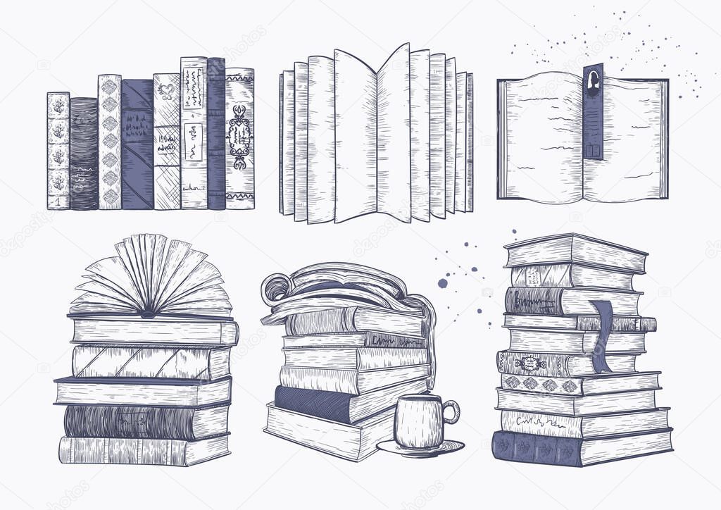 Vintage icon set of books. Stacks of books sketch drawn, vector collection. 