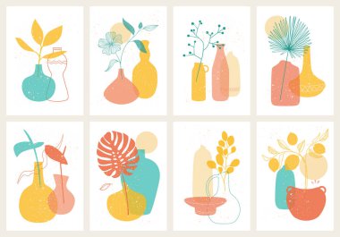 Çiçekli seramiklerin parlak kompozisyonlarıyla çağdaş sanat posterleri koleksiyonu. 