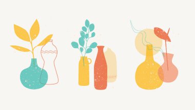 Çömlek Seramiği Logo vektör grafik elementleri. Çiçekli seramik kompozisyonlu çağdaş sanat posterleri.. 