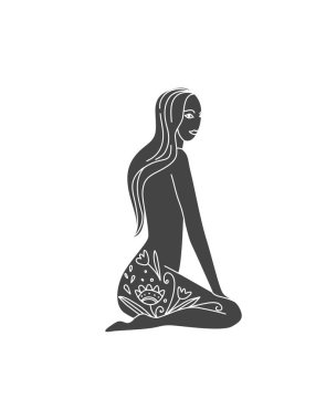 Folklor doğa tarzında bir kız silueti ikonu. Logo, etiket ve baskı için bir kadının minimalist görüntüsünün grafiksel ögesi.