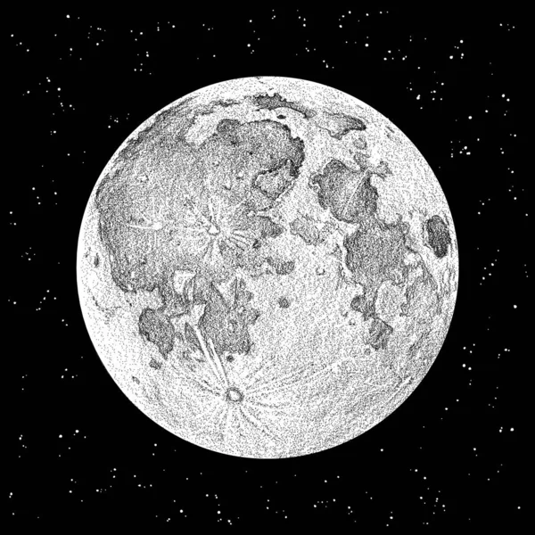 Lune pleine phase sur le fond du ciel étoilé, illustration de style croquis. — Image vectorielle