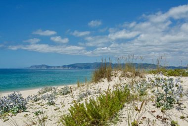 Sunny Beach kumulları ve mavi gökyüzü ile. Okyanus