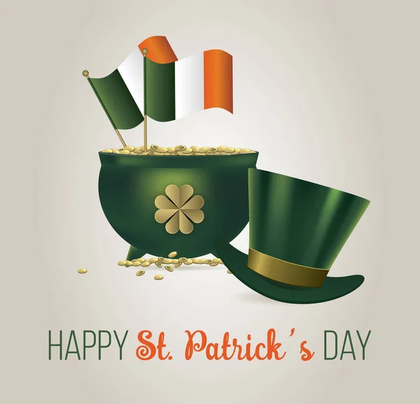 Saint Patricks Day Card med skatt av Leprechaun, kruka Full av gyllene mynt — Stock vektor