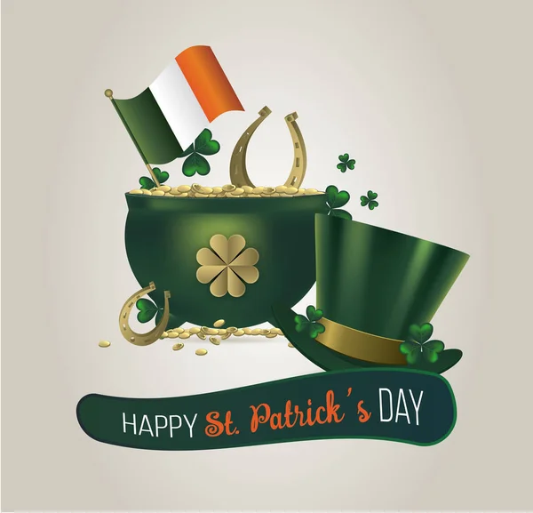 Saint Patricks Day Card med skatt av Leprechaun, kruka Full av gyllene mynt — Stock vektor