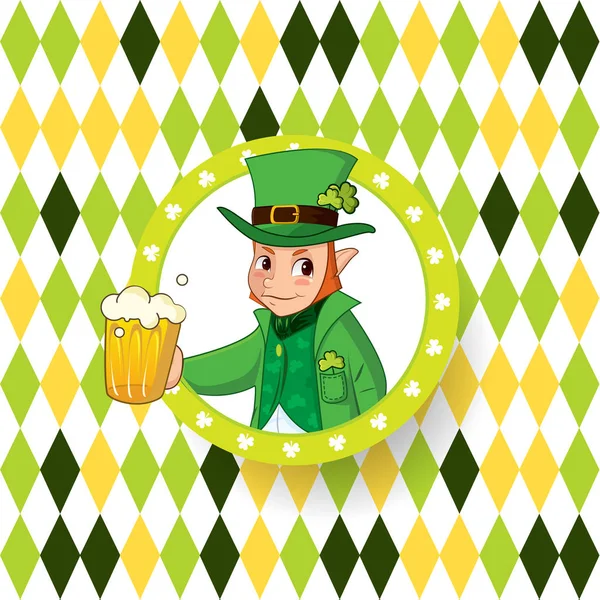 Carte de jour Saint Patricks avec chapeau vert et lutin — Image vectorielle