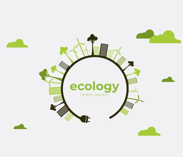 Ecologia tema Terra modelo de folheto Dia Árvores verdes brilhantes e conceito de edifícios. Cartaz, cartão, rótulo, design de banner —  Vetores de Stock