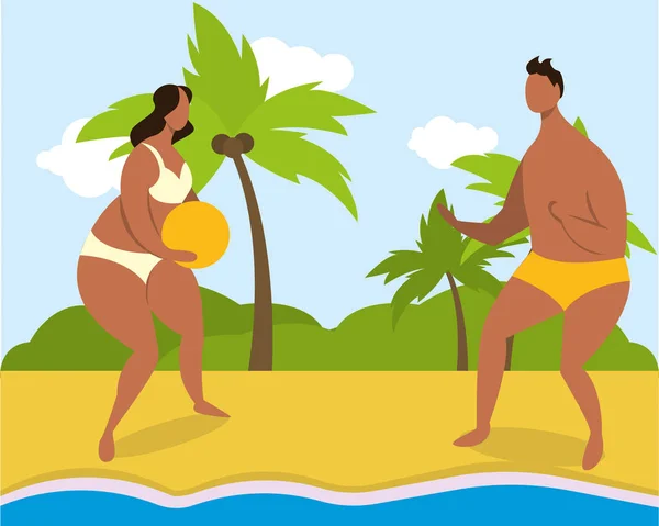 Pareja de dibujos animados jugando en la playa. Hora de verano — Vector de stock