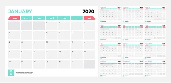 Calendarul 2020 - ilustrație. Şablon. Mock up — Vector de stoc