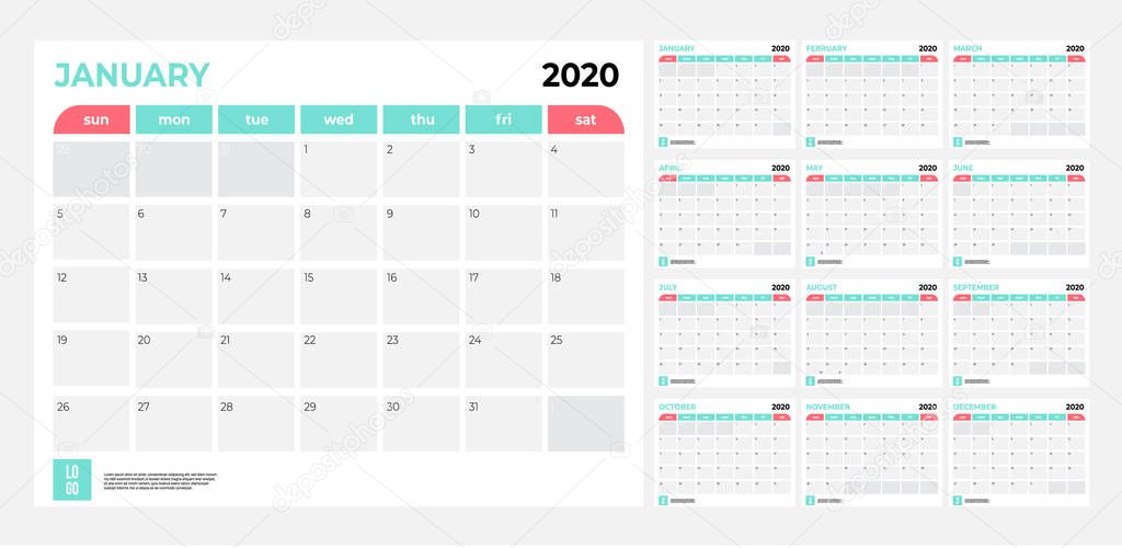 2020 Calendar - illustration. Template. Mock up