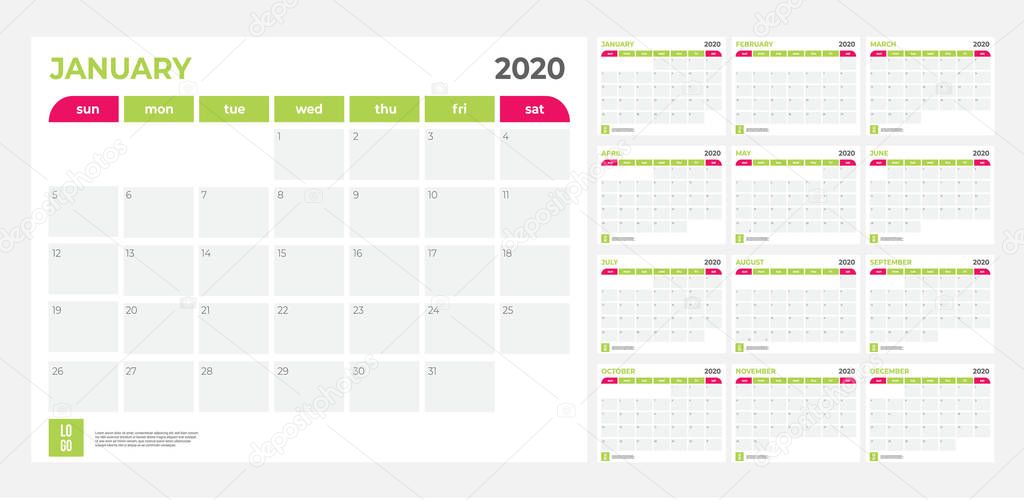 2020 Calendar - illustration. Template. Mock up