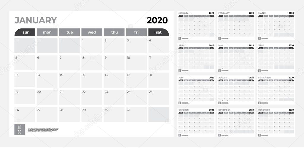 2020 Calendar - illustration. Template. Mock up