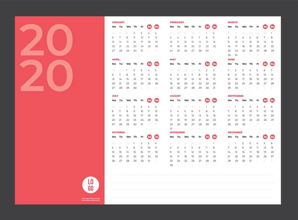 Kalender 2020 - Abbildung. Vorlage. Attrappe — Stockvektor